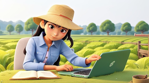 Портрет азиатской молодой женщины фермера с ноутбуком