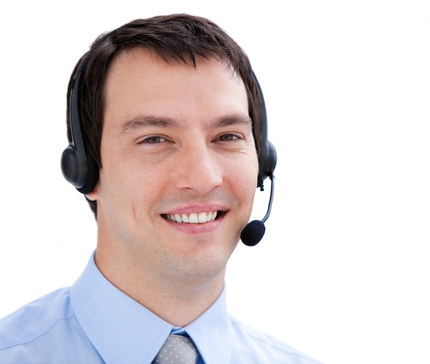 Portrait of an assertive businessman with headset on