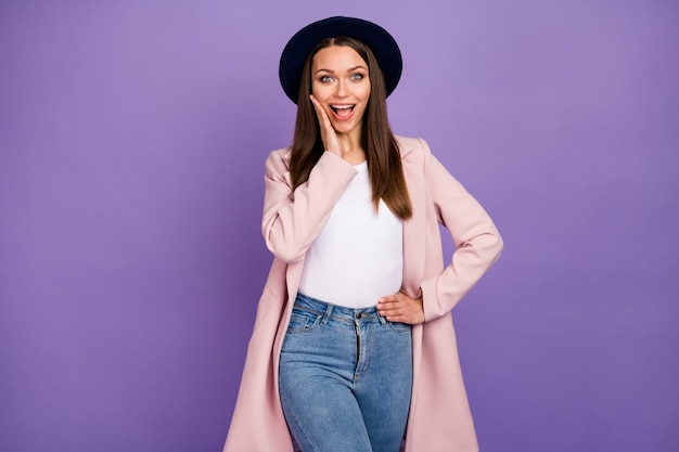 Portrait of astonished crazy energetic positive girl impressed by black friday bargains novelty wear modern clothes isolated over purple color background