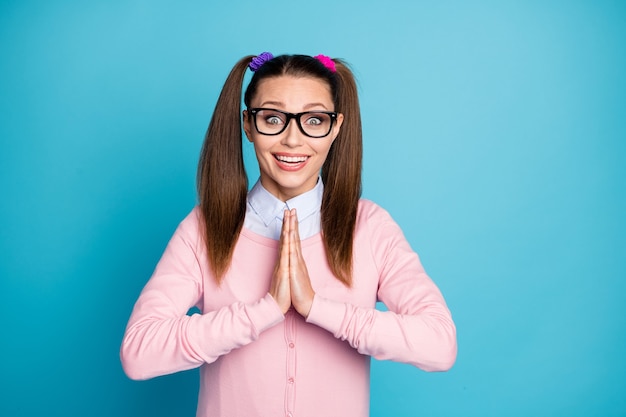 Photo portrait of astonished excited girl impressed good grades plead