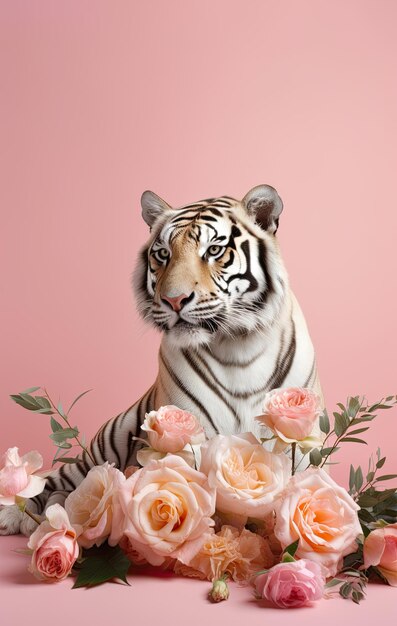 Portrait of a astonishing tiger on a pink background Generative AI