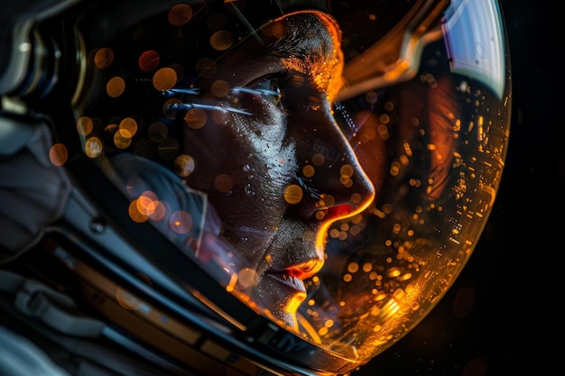 宇宙飛行士のヘルメットをかぶった宇宙飛行員の肖像画 クローズアップ