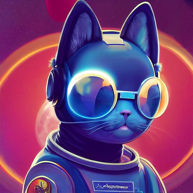 Portrait of astronaut cat in space surreal illustration