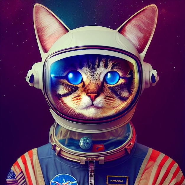 宇宙のシュールなイラストの宇宙飛行士猫の肖像画