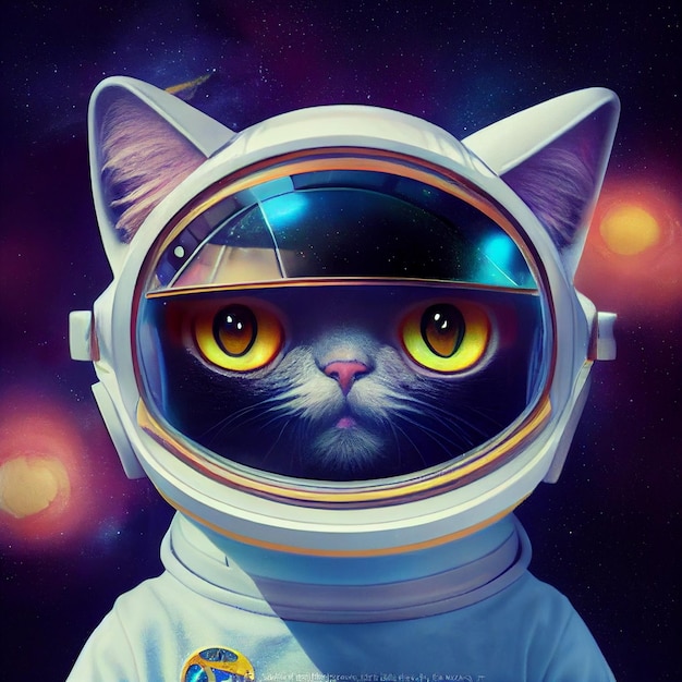 Portrait of astronaut cat in space surreal illustration