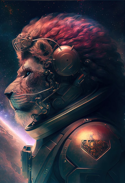 Portrait of an astronaut lion in a spacesuit Hightech astronaut from the future