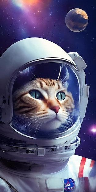 Portrait of astronaut realistic cat in space surreal illustration