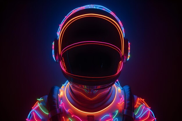 Photo portrait of astronaut or spaceman with neon light