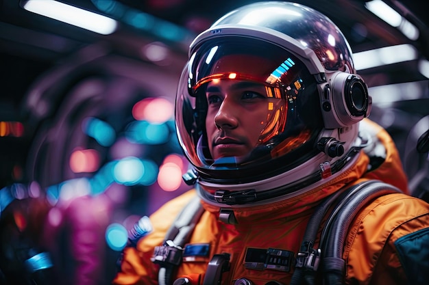 Portrait of an astronaut in a spacesuit against the background of lights