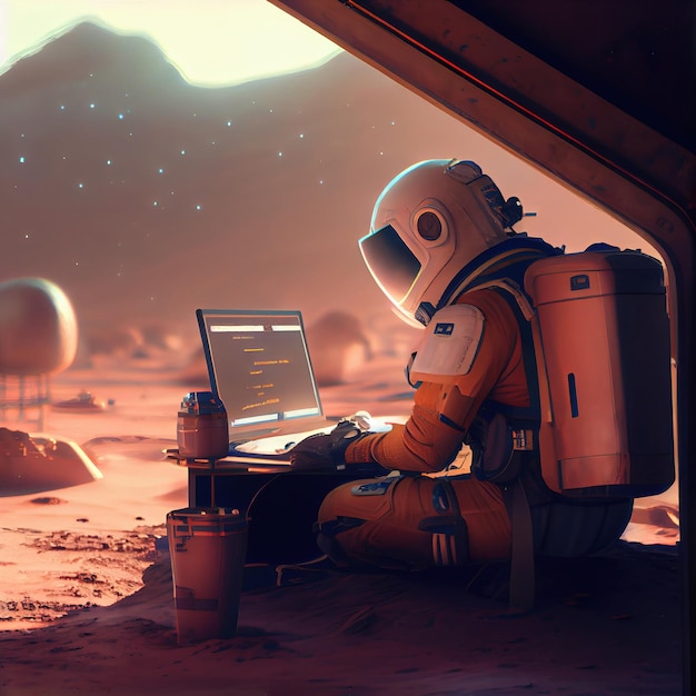 A portrait of an astronaut in a spacesuit working on a laptop A hightech astronaut from the future