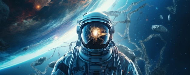 Portrait of astronaut walking in space exploring universe planets banner Generative Ai