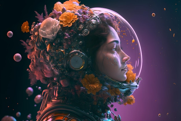 Foto ritratto donna astronauta in casco in fiori ritratto di bellezza di una ragazza romantica casco cosmonauta in fiori di campo illustrazione 3d