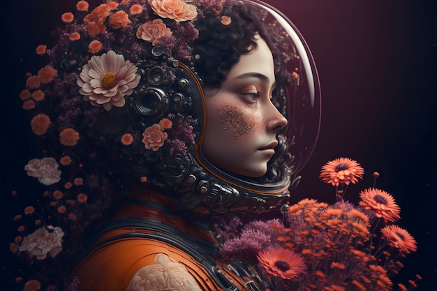 Portrait astronaut woman in helmet in flowers beauty portrait of a romantic girl cosmonaut helmet in wildflowers 3d illustration