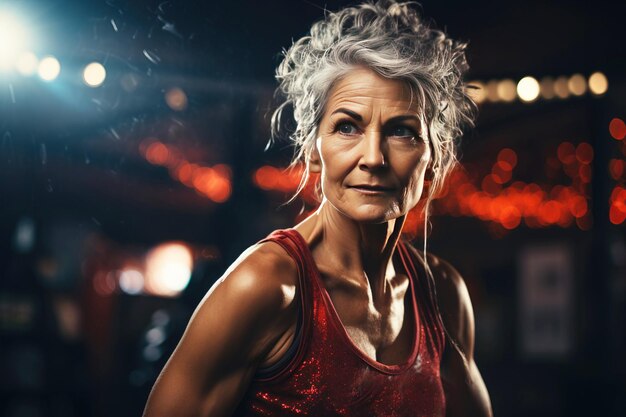 Portrait of athletic gray hair woman working out in gym Fitness and bodybuilding concept