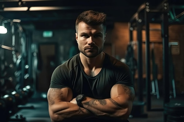 Portrait of athletic man with a muscular body during a workout in gym Generative AI