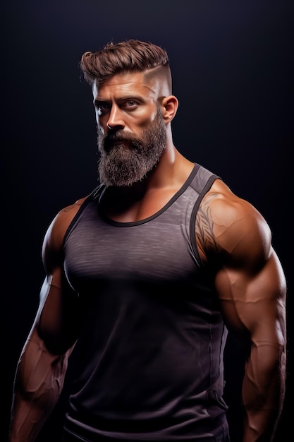 Portrait of a athletic muscular bearded man posing on a grey background