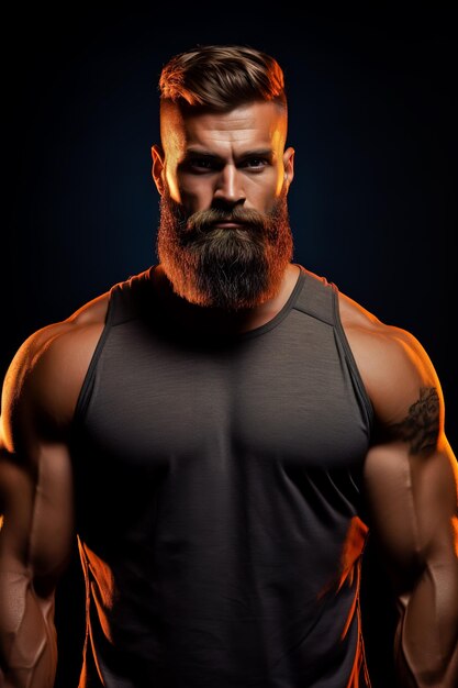 Portrait of a athletic muscular bearded man posing on a grey background