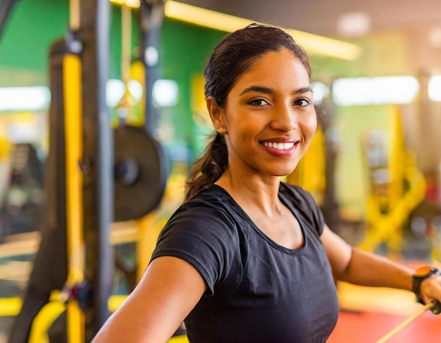 Portrait athletic woman in black sport clothing exercising interior sporty room club