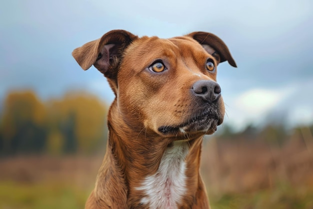 Portrait of Attentive Brown Dog with Soulful Eyes Against Soft Blurred Background in Natural