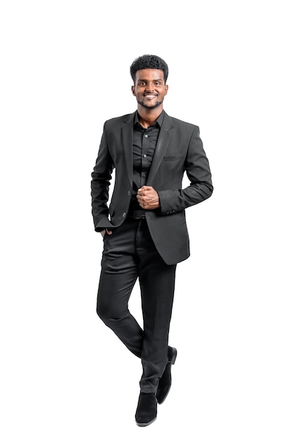 Portrait of attractive african american businessman wearing black suit in smart look isolated on white background