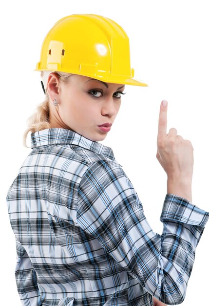 Portrait of attractive architect girl with hard hat isolated on white background