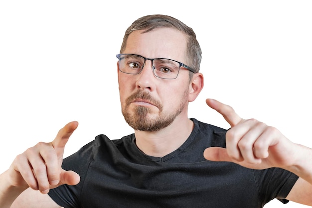 Portrait of an attractive bearded man of European appearance with a slight gray hair on an isolated white background Raised up his hands Expression of emotions of a man