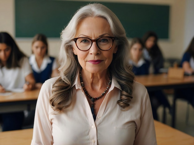 Портрет привлекательной красивой пожилой учительницы в очках в классе