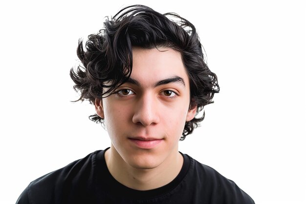 Photo portrait of attractive boy wearing black shirt on white isolated background