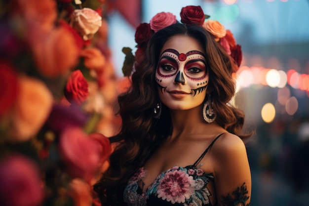 Portrait of an attractive brunette with festive death day art makeup on a background of flowers