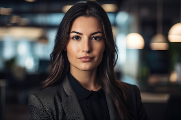 Portrait of an attractive business woman standing in a modern office lobby with glass walls