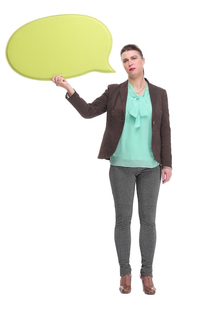 Portrait of attractive business woman thinking and looking up to blank bubble speech