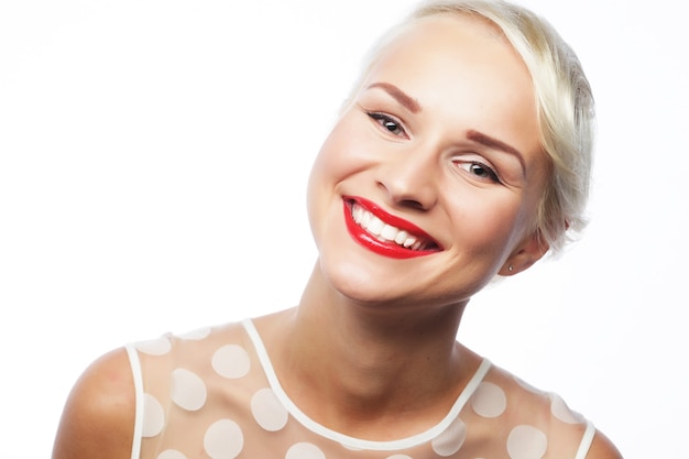 Portrait of attractive caucasian smiling woman blond