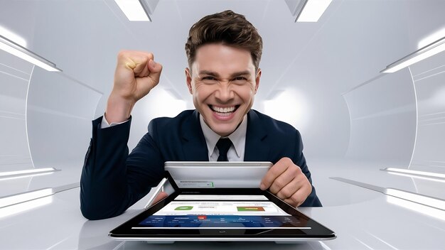 Photo portrait of attractive cheerful businessman doing winner gesture clenching fist and using device ap