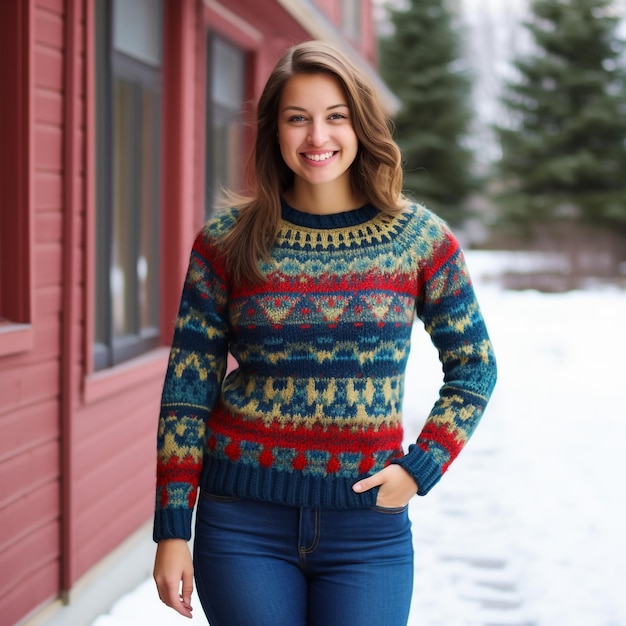 Portrait of attractive cheerful content girl folded arms wearing warm wool jumper isolated over brig