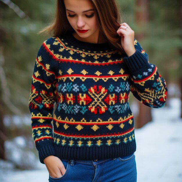 Portrait of attractive cheerful content girl folded arms wearing warm wool jumper isolated over bright blue color backgroundconcept of winter clothing