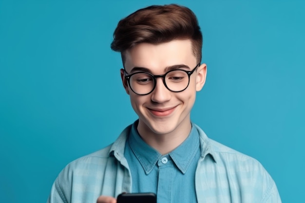Portrait of attractive cheerful guy geek using device app 5g searching web isolated over bright blue