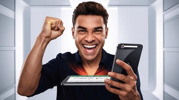 Photo portrait of attractive cheerful man doing winner gesture clenching fist and using device app search