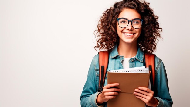 Ritratto di una ragazza attraente, allegra e dai capelli ondulati che legge un libro con le mani isolate