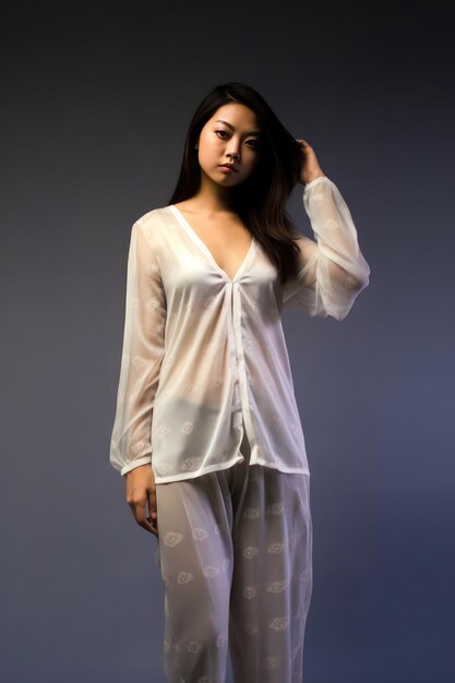 Portrait of attractive curious cheerful cunning girl wearing silky pajama night dress