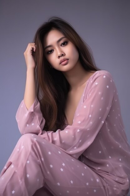 Portrait of attractive curious cheerful cunning girl wearing silky pajama night dress