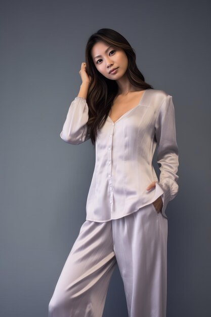 Portrait of attractive curious cheerful cunning girl wearing silky pajama night dress