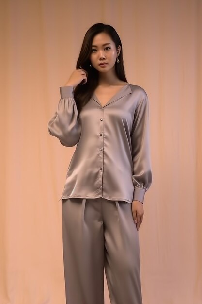 Portrait of attractive curious cheerful cunning girl wearing silky pajama night dress