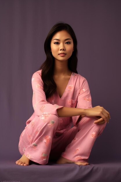 Photo portrait of attractive curious cheerful cunning girl wearing silky pajama night dress