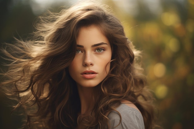 Портрет привлекательной кудрявой каштановой женщины с развевающимися волосами на фоне природы
