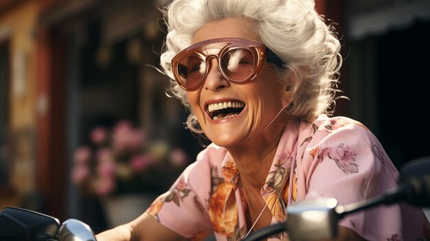 Portrait of an attractive elderly smiling woman in pink dress riding a motorcycle big city street