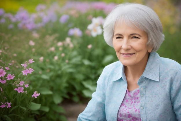 Portrait of an attractive elegant senior woman relaxing in a flowered garden