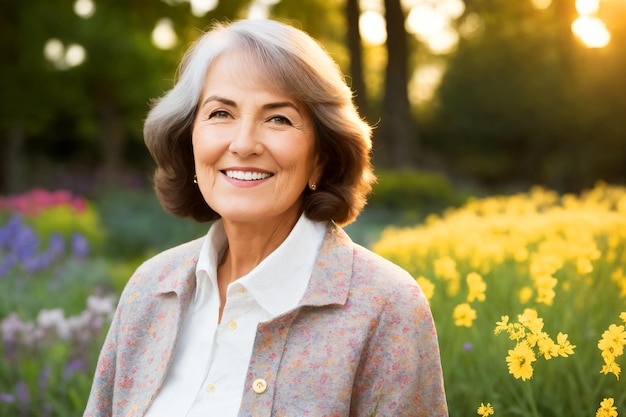 Portrait of an attractive elegant senior woman relaxing in a flowered garden