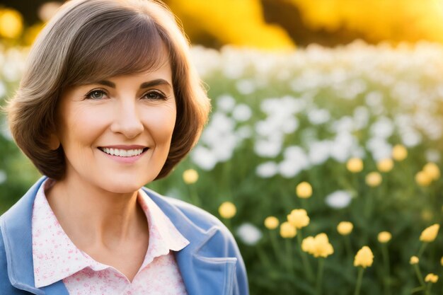 Portrait of an attractive elegant senior woman relaxing in a flowered garden