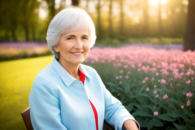 Portrait of an attractive elegant senior woman relaxing in a flowered garden