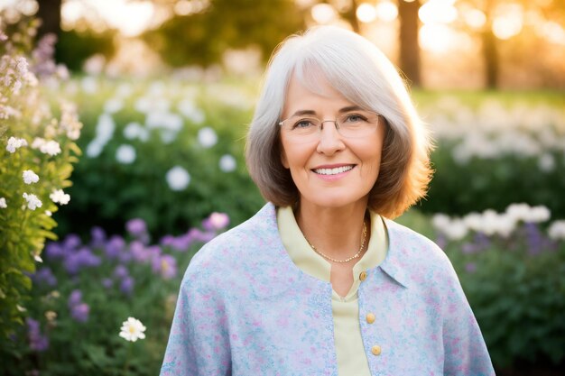 Portrait of an attractive elegant senior woman relaxing in a flowered garden